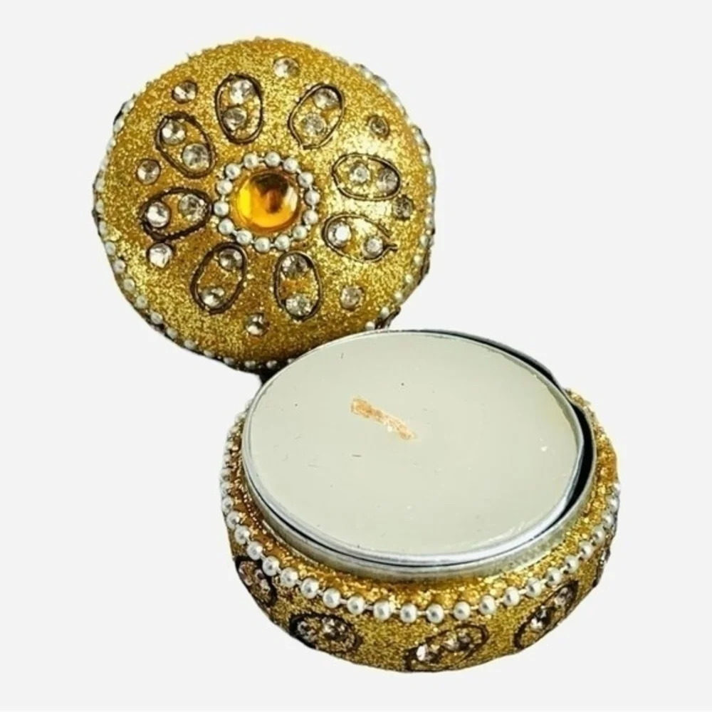 Handmade Rhinestone Beaded Tea Light Candle Holder Tin Box Travel 1.75